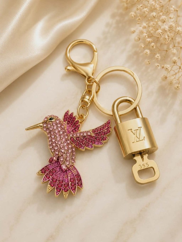 Authentic Lv Gold Padlock & Key Designer Bag Charm W/ Unbranded Bird Keychain